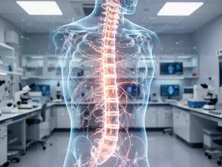 Digitale Darstellung der menschlichen Wirbelsäule mit leuchtenden neuronalen Verbindungen in einem modernen Forschungslabor. - Foto: über boerse-global.de