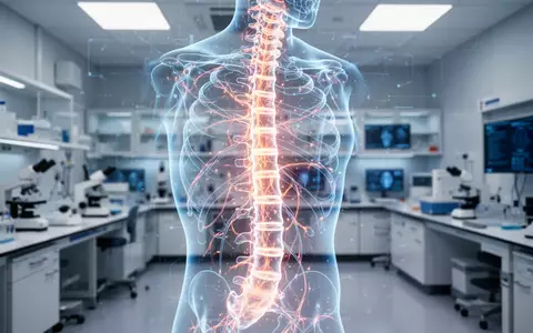 Digitale Darstellung der menschlichen Wirbelsäule mit leuchtenden neuronalen Verbindungen in einem modernen Forschungslabor. - Foto: über boerse-global.de