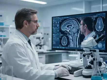 Wissenschaftler betrachtet Gehirn-Scans auf einem Monitor in einem modernen medizinischen Forschungslabor. - Foto: über boerse-global.de