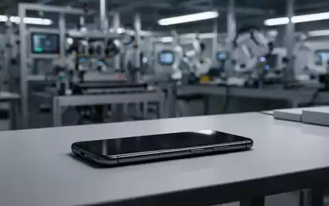 Ein elegantes Smartphone liegt auf einem minimalistischen Schreibtisch, im Hintergrund eine unscharfe Hightech-Produktionsstätte. - Foto: über boerse-global.de