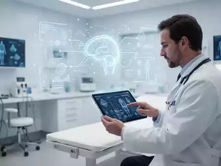 Ein Arzt nutzt ein digitales Tablet in einer modernen Praxis, um medizinische Daten und KI-Diagnostik zu prüfen. - Foto: über boerse-global.de