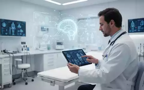 Ein Arzt nutzt ein digitales Tablet in einer modernen Praxis, um medizinische Daten und KI-Diagnostik zu prüfen. - Foto: über boerse-global.de