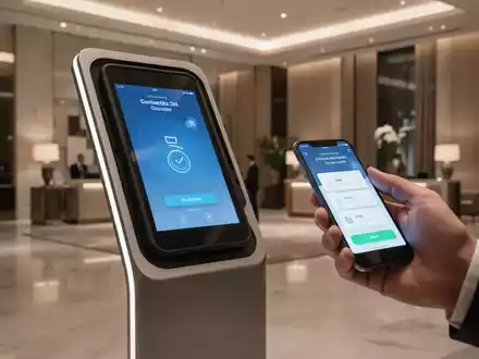 Moderner digitaler Check-in-Prozess in einer eleganten Hotellobby mit Smartphone-Nutzung. - Foto: über boerse-global.de