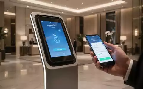 Moderner digitaler Check-in-Prozess in einer eleganten Hotellobby mit Smartphone-Nutzung. - Foto: über boerse-global.de