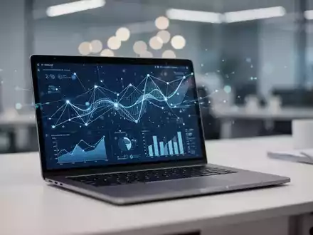 Moderner Büroarbeitsplatz mit einem Laptop, auf dessen Bildschirm digitale Analysedaten und Netzwerkgrafiken zu sehen sind. - Foto: über boerse-global.de