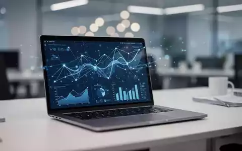 Moderner Büroarbeitsplatz mit einem Laptop, auf dessen Bildschirm digitale Analysedaten und Netzwerkgrafiken zu sehen sind. - Foto: über boerse-global.de