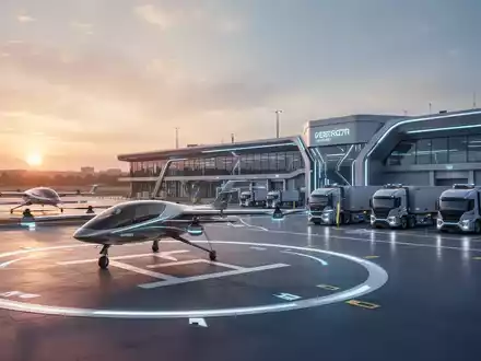 Ein futuristischer Vertiport mit einem elektrischen Lufttaxi und autonomen Lastwagen an einem Hightech-Logistikzentrum. - Foto: über boerse-global.de