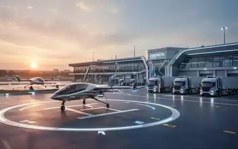 Ein futuristischer Vertiport mit einem elektrischen Lufttaxi und autonomen Lastwagen an einem Hightech-Logistikzentrum. - Foto: über boerse-global.de