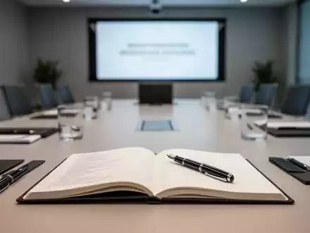 Ein moderner Konferenztisch mit Schreibutensilien und einem Notizbuch in einer professionellen Büroumgebung. - Foto: über boerse-global.de