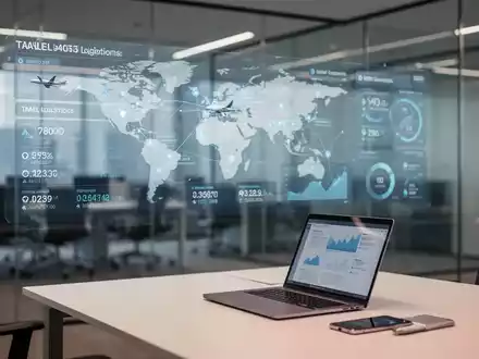 Modernes Firmenbüro mit digitalen Reise- und Spesendaten auf einem Glasdisplay. - Foto: über boerse-global.de