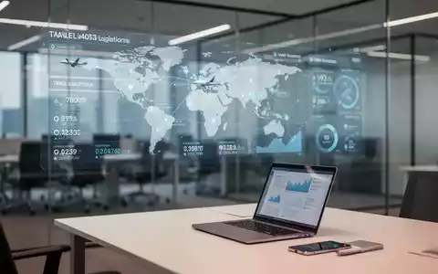 Modernes Firmenbüro mit digitalen Reise- und Spesendaten auf einem Glasdisplay. - Foto: über boerse-global.de
