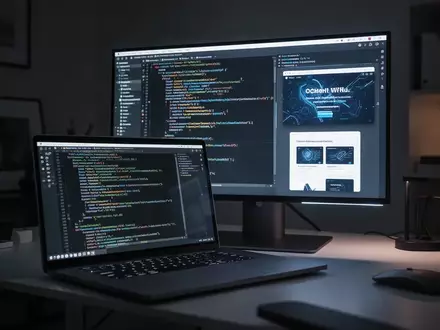 Moderner Arbeitsplatz mit Laptop, der Webentwicklungs-Code und Design-Oberflächen in einem minimalistischen Büro zeigt. - Foto: über boerse-global.de