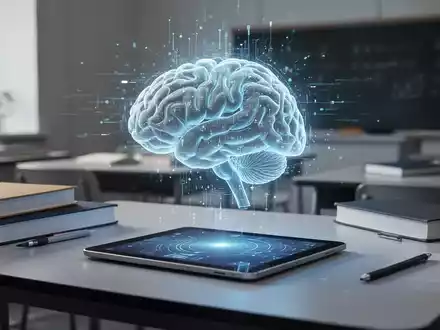 Ein holografisches digitales Gehirn über einem Tablet in einem modernen Klassenzimmer als Symbol für KI-gestützte Bildung. - Foto: über boerse-global.de