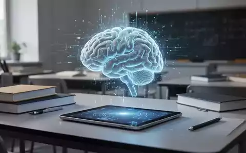 Ein holografisches digitales Gehirn über einem Tablet in einem modernen Klassenzimmer als Symbol für KI-gestützte Bildung. - Foto: über boerse-global.de