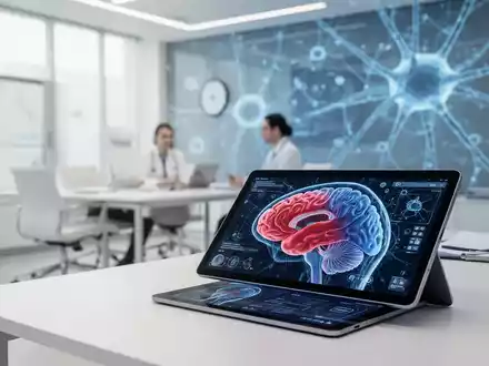 Digitale Darstellung eines Gehirnscans auf einem Tablet in einer modernen Arztpraxis zur Veranschaulichung der Fibromyalgie. - Foto: über boerse-global.de