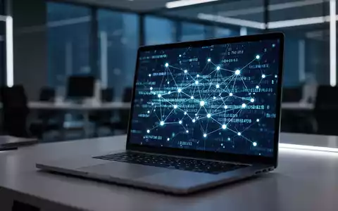 Ein Laptop-Bildschirm zeigt abstrakte digitale Sicherheitscodes und Netzwerkknoten in einer modernen Büroumgebung. - Foto: über boerse-global.de