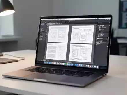 Moderner Arbeitsplatz mit Laptop, auf dem PDF-Dokumente und Design-Software für digitale Publikationen angezeigt werden. - Foto: über boerse-global.de