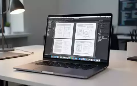 Moderner Arbeitsplatz mit Laptop, auf dem PDF-Dokumente und Design-Software für digitale Publikationen angezeigt werden. - Foto: über boerse-global.de