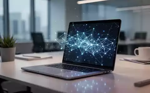 Ein moderner Büroarbeitsplatz mit einem Laptop, auf dessen Bildschirm ein digitales Netzwerk visualisiert wird. - Foto: über boerse-global.de