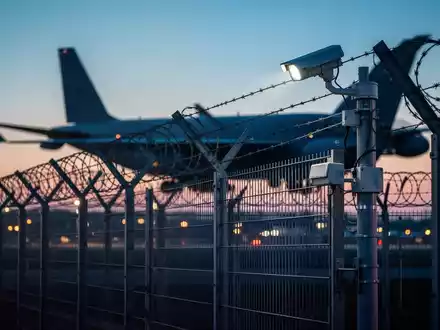 Hochsicherheitsbereich eines Frachtflughafens bei Dämmerung mit Sicherheitszaun und Silhouette eines Transportflugzeugs. - Foto: über boerse-global.de