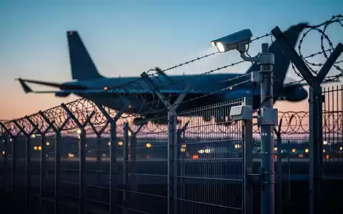 Hochsicherheitsbereich eines Frachtflughafens bei Dämmerung mit Sicherheitszaun und Silhouette eines Transportflugzeugs. - Foto: über boerse-global.de