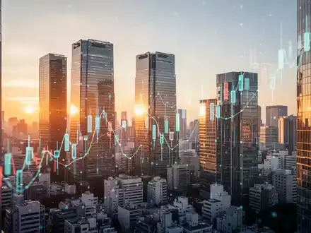 Moderne Skyline des Tokioter Finanzviertels bei Sonnenaufgang mit abstrakten Finanzgrafiken. - Foto: über boerse-global.de