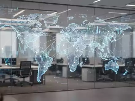 Modernes Büro mit digitaler Datenvisualisierung, die globale wirtschaftliche Vernetzung symbolisiert. - Foto: über boerse-global.de