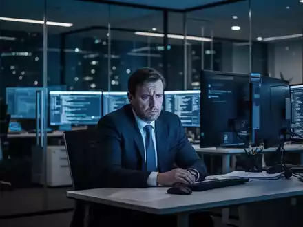 Gestresste IT-Führungskraft in einem modernen Büro spät am Abend vor leuchtenden Computerbildschirmen. - Foto: über boerse-global.de