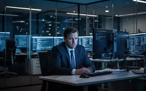 Gestresste IT-Führungskraft in einem modernen Büro spät am Abend vor leuchtenden Computerbildschirmen. - Foto: über boerse-global.de