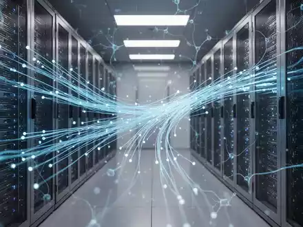 Abstrakte Darstellung einer KI-gestützten IT-Infrastruktur mit digitalen Datenströmen in einem modernen Serverraum. - Foto: über boerse-global.de