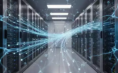 Abstrakte Darstellung einer KI-gestützten IT-Infrastruktur mit digitalen Datenströmen in einem modernen Serverraum. - Foto: über boerse-global.de