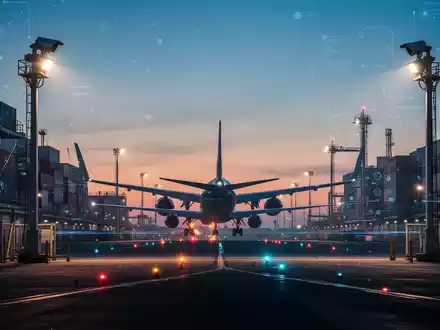 Ein beleuchteter Logistik-Flughafen bei Dämmerung mit Frachtflugzeugen und Sicherheitsinfrastruktur. - Foto: über boerse-global.de