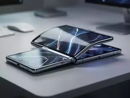 Ein futuristisches faltbares Smartphone auf einem minimalistischen Schreibtisch mit Fokus auf das Scharnierdesign. - Foto: über boerse-global.de