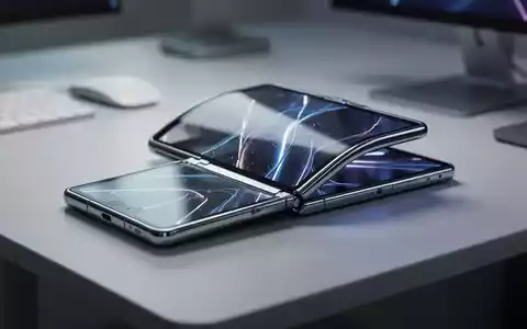 Ein futuristisches faltbares Smartphone auf einem minimalistischen Schreibtisch mit Fokus auf das Scharnierdesign. - Foto: über boerse-global.de