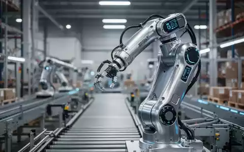 Ein humanoider Industrieroboter arbeitet an einer automatisierten Paketsortieranlage in einem modernen Lagerhaus. - Foto: über boerse-global.de