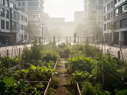 Ein grüner Kleingarten inmitten einer dicht bebauten Stadt an einem heißen Sommertag als kühle Oase. - Foto: über boerse-global.de