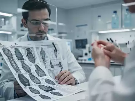 Ein Arzt betrachtet medizinische Unterlagen in einem Labor, während im Hintergrund ein entzündetes Gelenk angedeutet wird. - Foto: über boerse-global.de