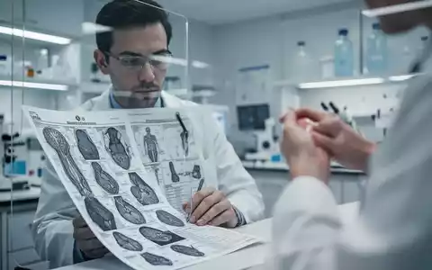Ein Arzt betrachtet medizinische Unterlagen in einem Labor, während im Hintergrund ein entzündetes Gelenk angedeutet wird. - Foto: über boerse-global.de