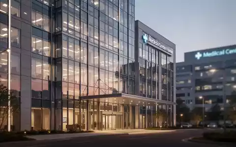 Moderne Krankenhausfassade bei Dämmerung, die die professionelle und architektonische Struktur einer Klinik darstellt. - Foto: über boerse-global.de