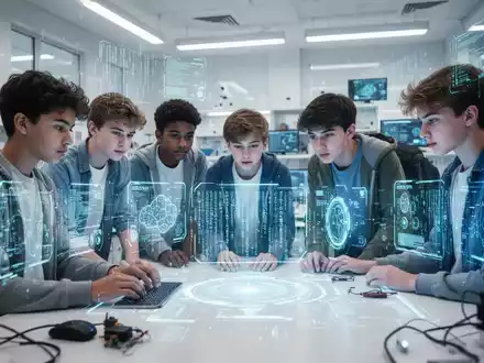 Jugendliche in einem modernen Lernzentrum arbeiten an digitalen Schnittstellen und künstlicher Intelligenz. - Foto: über boerse-global.de