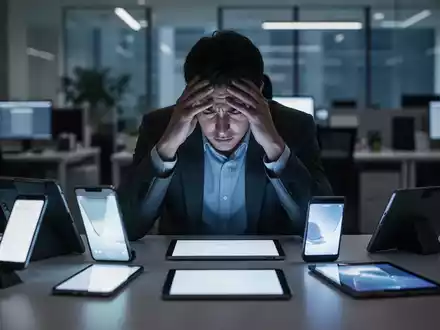 Eine gestresste Person an einem Schreibtisch umgeben von mehreren leuchtenden Bildschirmen und Smartphones. - Foto: über boerse-global.de