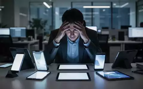 Eine gestresste Person an einem Schreibtisch umgeben von mehreren leuchtenden Bildschirmen und Smartphones. - Foto: über boerse-global.de