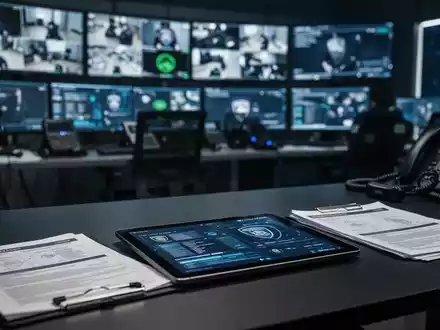 Moderne polizeiliche Ermittlungszentrale mit digitalen Überwachungsmonitoren und technischen Geräten auf einem Schreibtisch. - Foto: über boerse-global.de