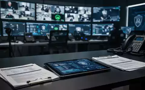 Moderne polizeiliche Ermittlungszentrale mit digitalen Überwachungsmonitoren und technischen Geräten auf einem Schreibtisch. - Foto: über boerse-global.de