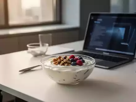 Ein gesundes, proteinreiches Frühstück auf einem modernen Schreibtisch neben einem Laptop bei hellem Tageslicht. - Foto: über boerse-global.de