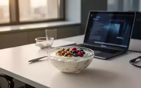 Ein gesundes, proteinreiches Frühstück auf einem modernen Schreibtisch neben einem Laptop bei hellem Tageslicht. - Foto: über boerse-global.de