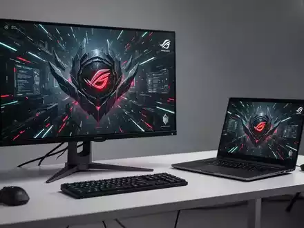 Ein moderner Gaming-Monitor und ein Laptop auf einem aufgeräumten Schreibtisch als Symbol für Hardware-Angebote. - Foto: über boerse-global.de