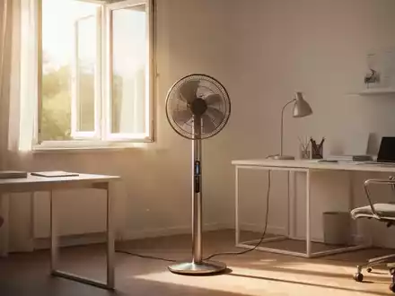 Moderner Standventilator in einem hellen Büro am Fenster zur effektiven Luftzirkulation bei Sommerhitze. - Foto: über boerse-global.de
