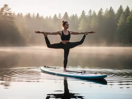 Eine Person praktiziert Yoga auf einem Stand-Up-Paddleboard auf einem ruhigen See im Morgenlicht. - Foto: über boerse-global.de