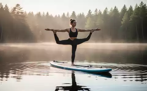 Eine Person praktiziert Yoga auf einem Stand-Up-Paddleboard auf einem ruhigen See im Morgenlicht. - Foto: über boerse-global.de